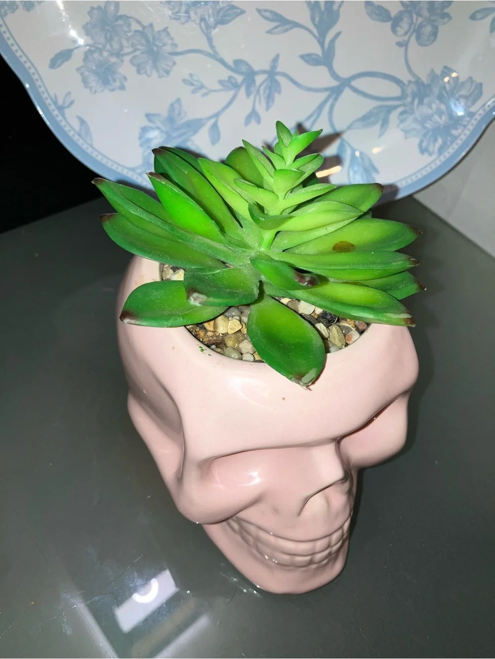 Pastel Pink Ceramic Skull Planter with Green Faux Succulent